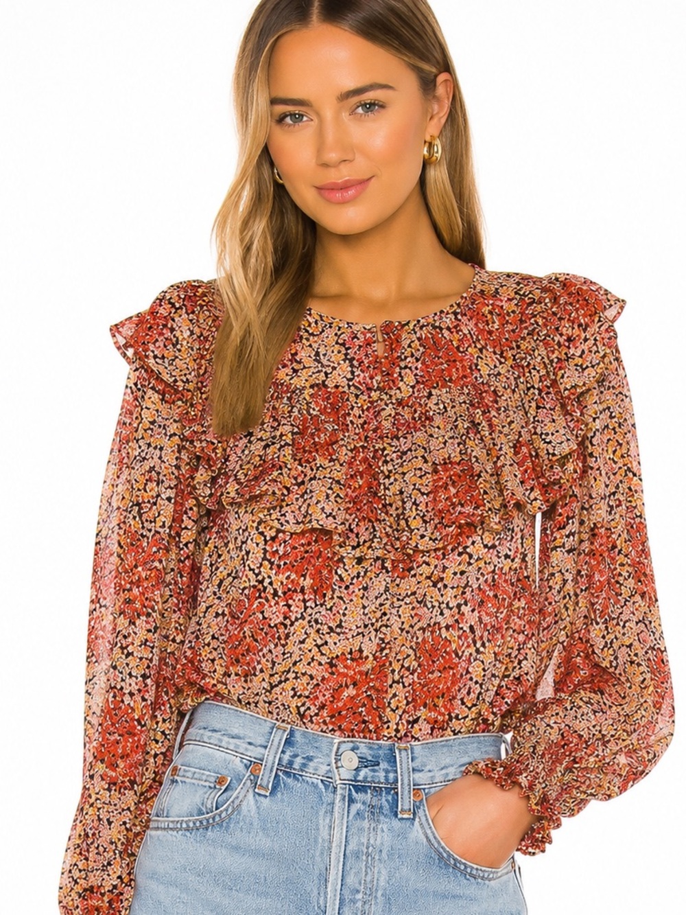 LoveShackFancy Silk Ruffle Floral Print Blouse top large - Picture 2 of 11